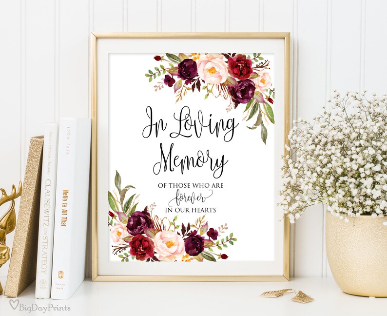 In Loving Memory Sign, Memorial Table Sign, Burgundy Floral Wedding Sign Printable, Floral Wedding Sign, Instant Download, A047 image 1