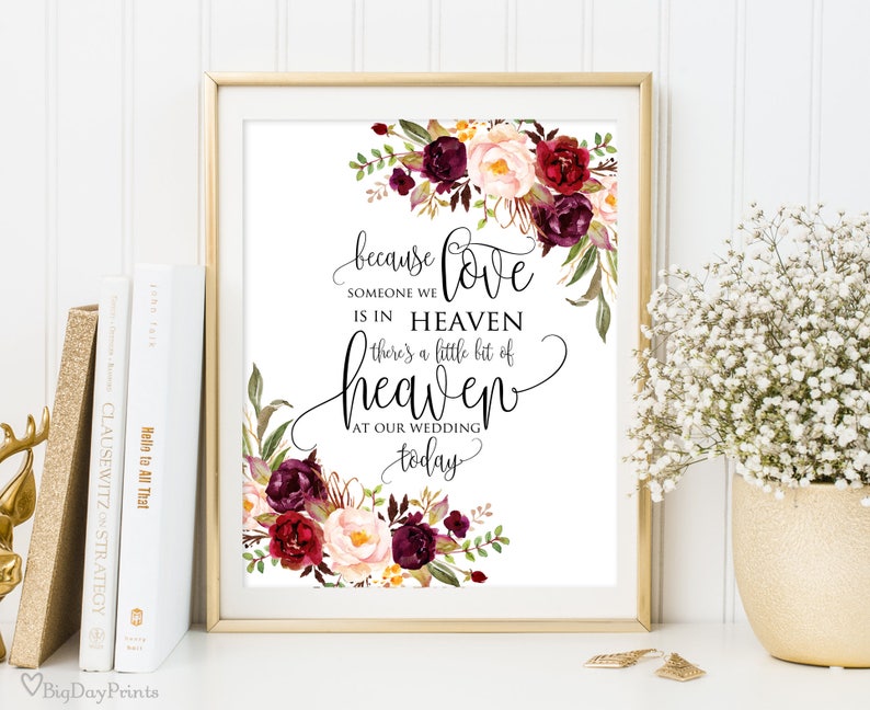 Wedding Memorial Sign, Heaven Wedding Sign, Memorial Table, Someone We Love is in Heaven, In Loving Memory, Burgundy, Instant Download, A047 image 1