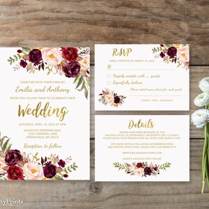 Marsala Wedding Invitation Template, Boho Chic Wedding Suite, Gold Foil