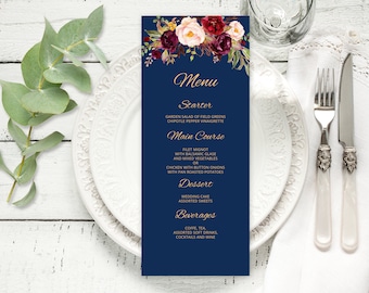 Navy Menu Template, Navy Wedding Menu Card, Wedding Menu Printable, Boho Chic, Burgundy, Templett, #A033