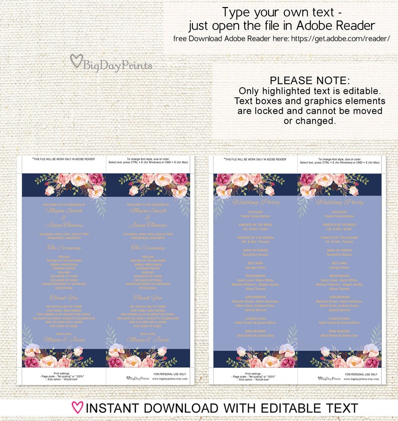 Wedding Program Template #A011 you personalize at home. Navy Ceremony Program Printable Wedding Program Printable Editable PDF