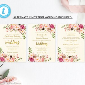 May include: Three wedding invitation cards with floral arrangements in pink, purple, and green. The cards have gold text with the names of the couple and wedding details. The text "Wedding" is prominently displayed.