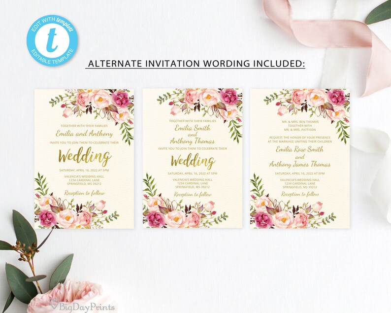 May include: Three wedding invitation cards with floral arrangements in pink, purple, and green. The cards have gold text with the names of the couple and wedding details. The text "Wedding" is prominently displayed.