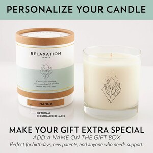 May include: Two candles are shown. One is in a cylindrical container with a lid, and the other is in a clear glass. Both candles have a label that reads "RELAXATION candle" and a botanical design. The text "Calming and soothing" is also visible.