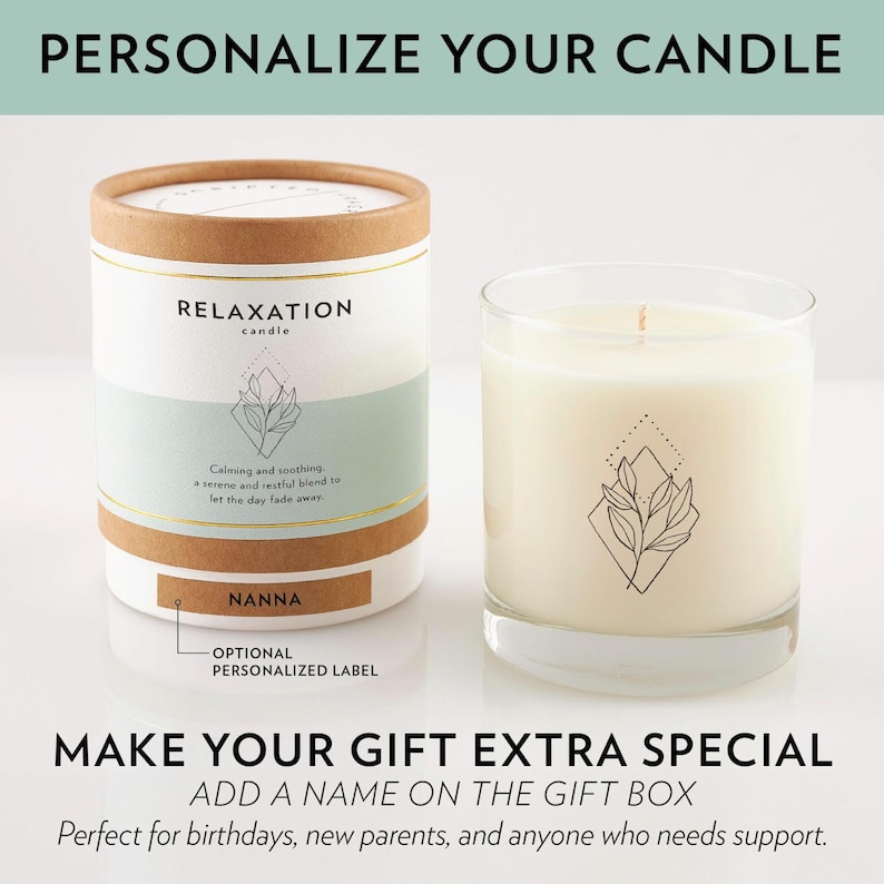 May include: Two candles are shown. One is in a cylindrical container with a lid, and the other is in a clear glass. Both candles have a label that reads "RELAXATION candle" and a botanical design. The text "Calming and soothing" is also visible.