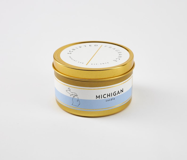 Michigan Candle Michigan Scented Candle Corporate Gift Moving Gift New Home Wedding favor Michigan Home Rocks Glass Large Gold Tin