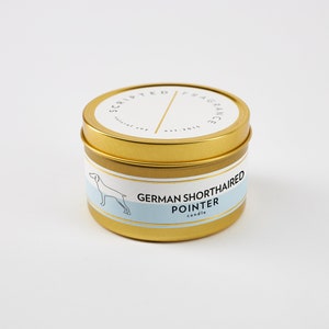 German Shorthaired Pointer Candle: Scented Soy Wax Rocks Glass Large Gold Tin
