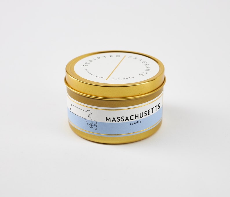 Massachusetts State Candle: Ocean Air Scented Soy Candle in Rocks Glass Large Gold Tin