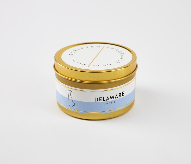 Delaware State Soy Candle in Large Luxe Gold Tin Delaware Scented Candle Wedding Favor Candle Housewarming Gift Moving Gift