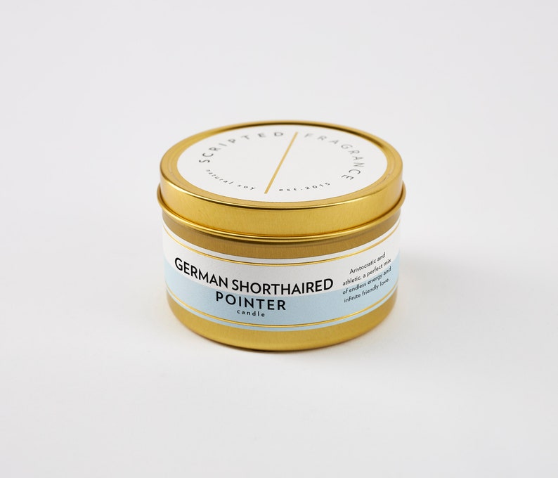 May include: A gold-colored metal candle tin with a white label that reads "Scripted Fragrance" and "German Shorthaired Pointer candle." The candle has a light blue band with text describing the scent. The candle is on a white background.