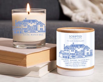 Holiday House Watch Hill Soy Candle & Drinking Glass Gift with Rhode Island Illustration | Fragrance Sea Salt Linen Eucalyptus Freesia Ozone