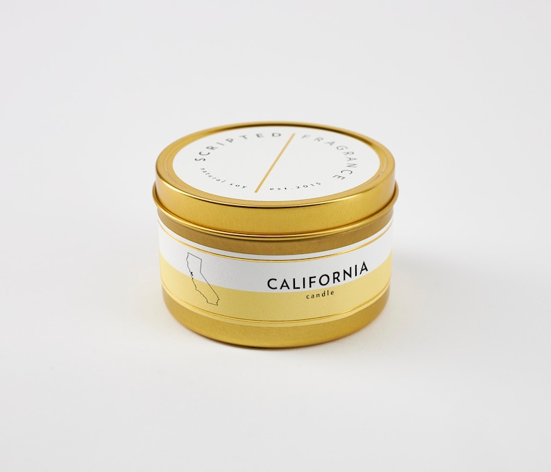 California Candle | California Lover Gift | Personalized Gift | Moving | California Wedding Favor | Soy Candle In Reusable Rocks Glass Large Gold Tin