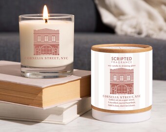 Cornelia Street New York City Soy Candle & Drinking Glass Gift with Townhouse Illustration | Fragrance Lavender Vanilla Amber Sandalwood