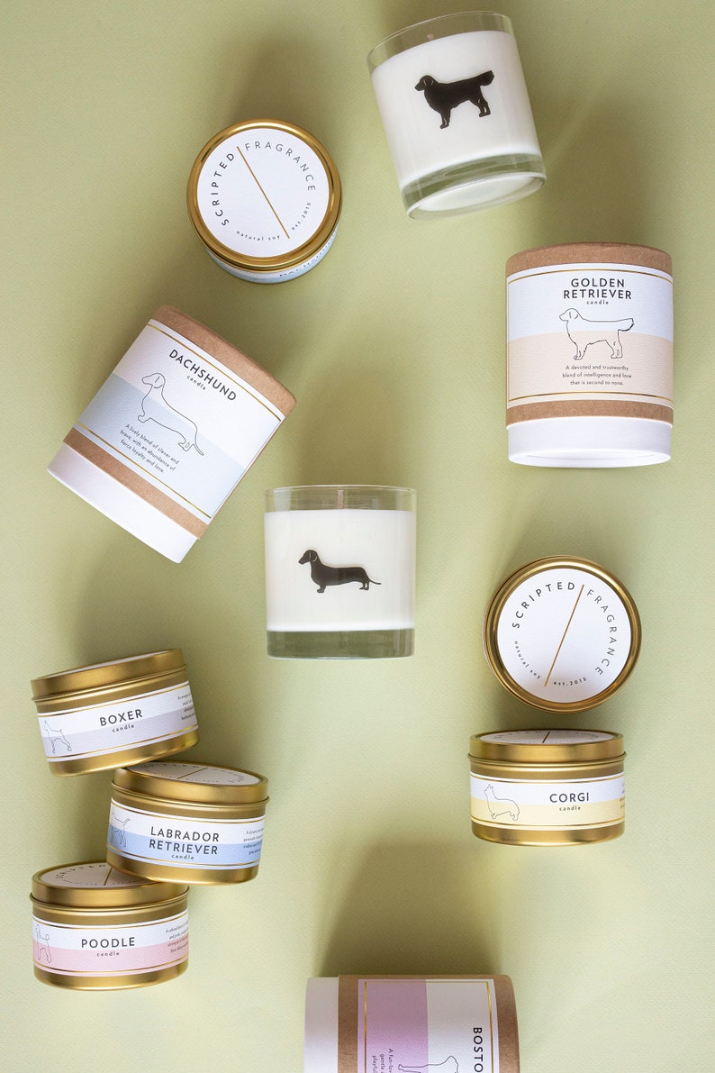 Puede incluir: Surtido de velas arom&aacute;ticas en latas doradas y blancas y frascos de vidrio. Las velas est&aacute;n decoradas con razas de perros y nombres, incluyendo Golden Retriever, Dachshund, Boxer, Labrador Retriever, Poodle, Corgi y Boston Terrier.