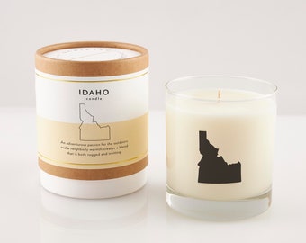 Idaho State Candle: Pine & Vanilla Scented Soy Candle in Rocks Glass