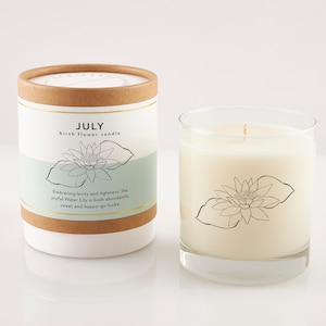 July Birth Flower Candle | July Birthday Gift | Personalize With Name | For Her | New Mother | Scented Soy Candle In Reusable Rocks Glass