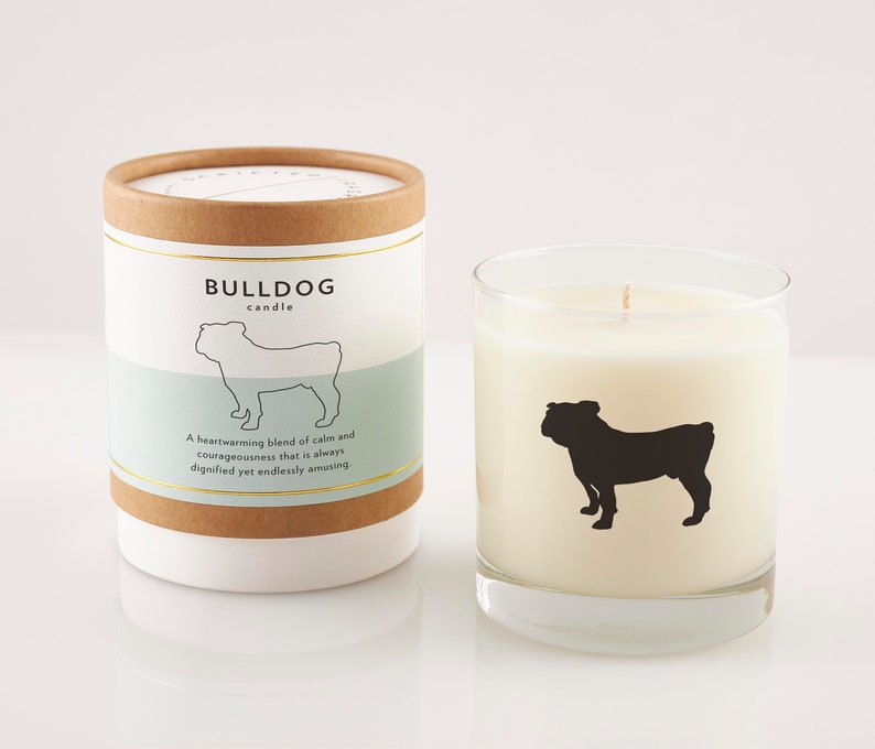 Puede incluir: Un tarro de vela blanco con una silueta de bulldog negra y el texto "BULLDOG candle" en la etiqueta. La etiqueta tambi&eacute;n incluye el texto "Una mezcla reconfortante de calma y valent&iacute;a que siempre es digna y infinitamente divertida."