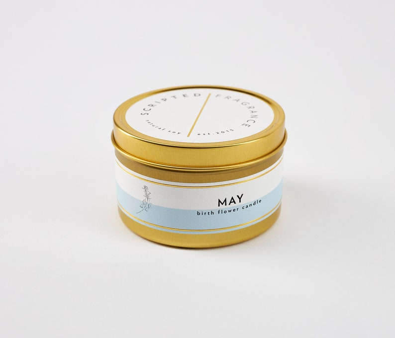 Birthday Lily Of The Valley Gift For Her May Birth Month Flower Soy Candle with Large Gold Tin May Birthday Gift Birthstone Candle