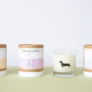 Puede incluir: Cuatro velas en frascos de vidrio y contenedores de cart&oacute;n con nombres e ilustraciones de razas de perros. Las velas est&aacute;n etiquetadas como "Golden Retriever", "Boston Terrier", "Dachshund" y "Golden Retriever".