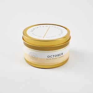 October Birth Flower Candle: Marigold Scented Soy Candle in Rocks Glass Large Gold Tin