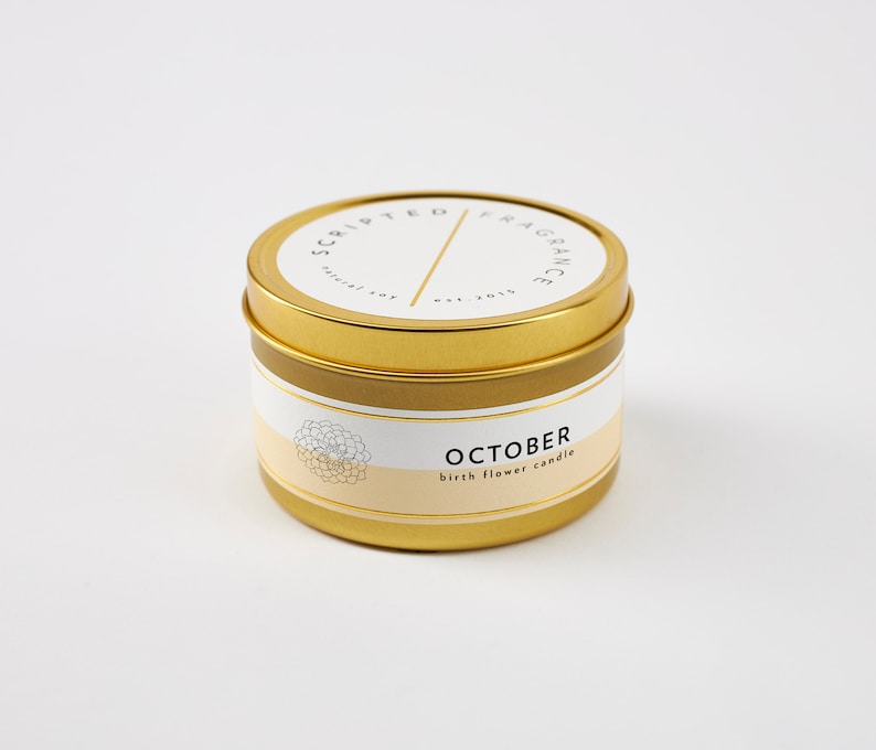 October Birth Flower Candle: Marigold Scented Soy Candle in Rocks Glass Large Gold Tin
