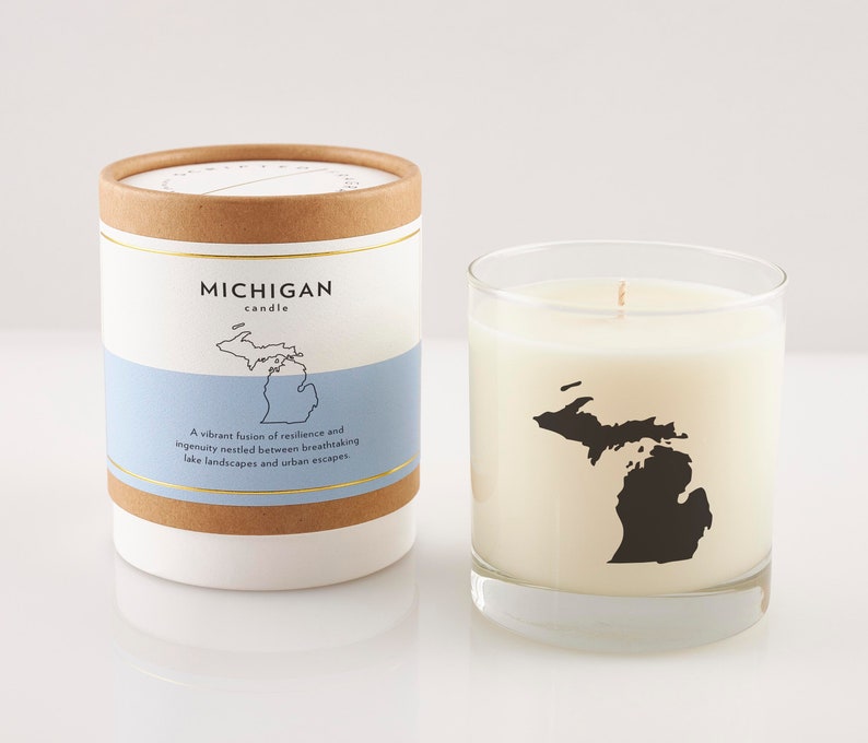 Michigan Candle Michigan Scented Candle Corporate Gift Moving Gift New Home Wedding favor Michigan Home Rocks Glass Reusable Rocks Glass