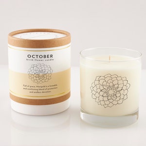 October Birth Flower Candle: Marigold Scented Soy Candle in Rocks Glass Reusable Rocks Glass