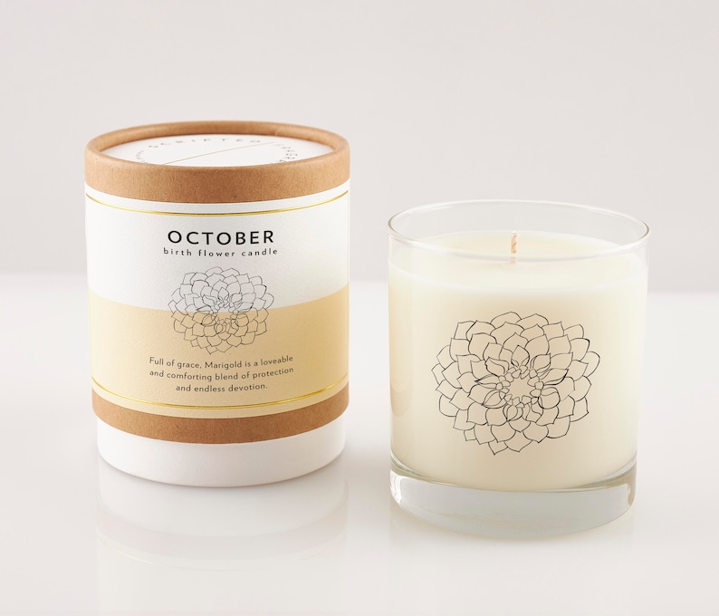 October Birth Flower Candle: Marigold Scented Soy Candle in Rocks Glass Reusable Rocks Glass