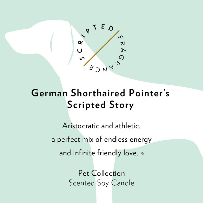 May include: A light teal background with a white silhouette of a dog and text. The text reads "German Shorthaired Pointer's Scripted Story" and "Pet Collection Scented Soy Candle". A gold circle with text is also present.