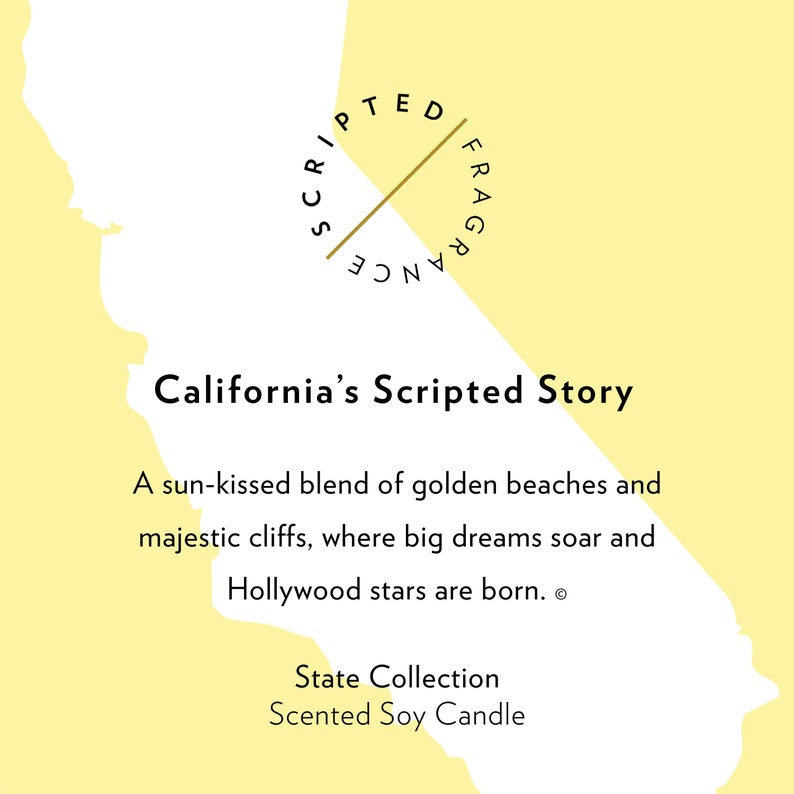 May include: A yellow background with a white outline of California. The text reads "California's Scripted Story" and describes a sun-kissed blend of golden beaches and majestic cliffs. The text also says "State Collection Scented Soy Candle."