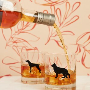 May include: Two clear whiskey glasses with black dog silhouettes, filled with ice and amber liquid, are being poured into from a bottle. The background features a peach-colored wall with a red floral pattern.