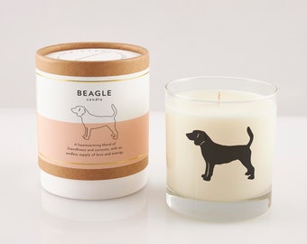 Vela Beagle: Cera de soja perfumada, vaso de cristal reutilizable.
