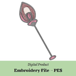 May include: An embroidery file in the PES format. The design features a stylized, abstract shape with pink, red, and gray details. The design is on a long, thin gray stem. The text "Digital Product" and "Embroidery File - PES" is below the design.