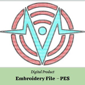 Peut inclure: Fichier de broderie numérique avec un motif stylisé. Un 'M' bleu clair est au centre, dans un cercle, entouré d'arcs rouges. Le design comprend le texte "Embroidery File - PES".