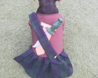 May include: A small brown and black dog wearing a brown vest with a green and black plaid skirt and a toy sword. The dog is sitting on green grass.