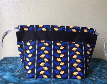 Wide Bottom Drawstring Bag Medium- Blue and Yellow Floral