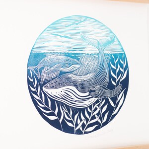 Whale Print Lino Print Nautical Print Humpback Whale Nature Lino Cut Original Art Limited Edition Hand Printed Gift Nautical Decor Seascape image 3