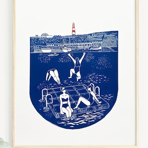 Wild Swimming Print, Wild Swimming Lino Print, Plymouth Hoe Print, Swimming Print, Wild Swimming Gift, Original Art