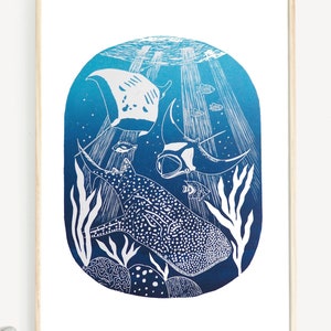 Whale Shark Print, Lino Print, Nautical Print, Manta Ray Print, Sea Print, Lino Cut, Original Art,  Hand Printed Gift, Nautical Decor