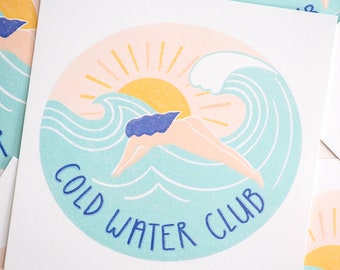 Koudwaterclubprint, wildzwemkunst, illustratie zeezonsopgang