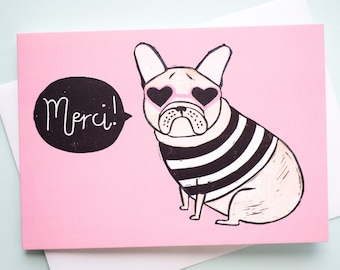 French Bulldog Card, Frenchie Card, Thank You Card, French Bulldog Gift, Merci Card, French Card, Lino Print Card, Dog Lover Card