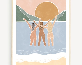 Wilde zwemkunst: illustratie zon aanbiddende vrouwen