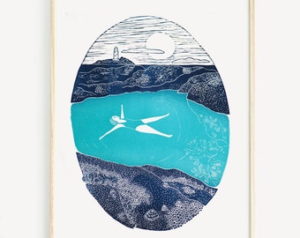 Wildzwemmende linoprint: Cornish Seapool Art, turquoise zee