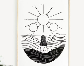 Wilde zwemmende lino: kunst zonsopgang oceaan, cadeau natuurliefhebber (A4)