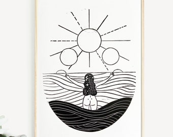 Wild Swimming Print, Wild Woman Gift, Lino Print, Sunrise Print,  Nature Lover, Skinny Dip Print, Ocean Lover Print, A4 Wall Follow the Sun