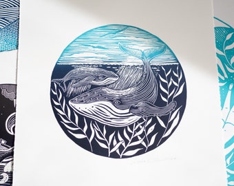 Humpback Whale Lino Print: Nautical Seascape Art, Hand-Printed
