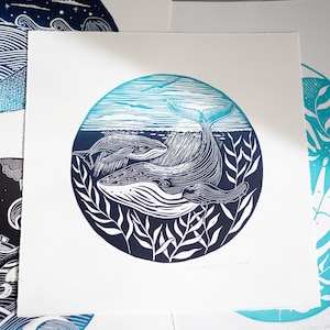 Whale Print Lino Print Nautical Print  Humpback Whale Nature Lino Cut Original Art Limited Edition Hand Printed Gift Nautical Decor Seascape