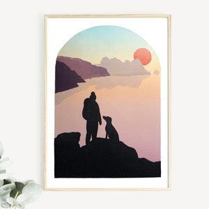 May include: A silhouette of a person and a dog standing on a cliff overlooking a body of water with a large red sun setting in the distance. The sky is a gradient of blue, pink, and orange.