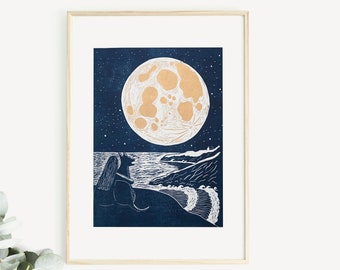 Full Moon Lino Print, Dog Lino Print, Dog Print, Lunar Lino Print, Dog Lover Gift, Dog Gift, Children's Wall Art, Lino Cut Original Art