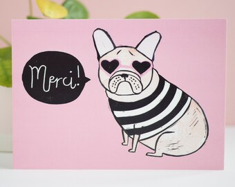 French Bulldog Cards, Frenchie Card Set, Thank You Card, French Bulldog Gift, Merci Card, French Card, Lino Print Card, Dog Lover Card